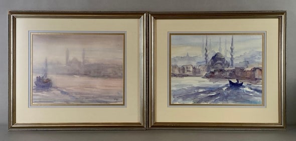 Group of 2 Blue-Scale Venice Watercolor Paintings