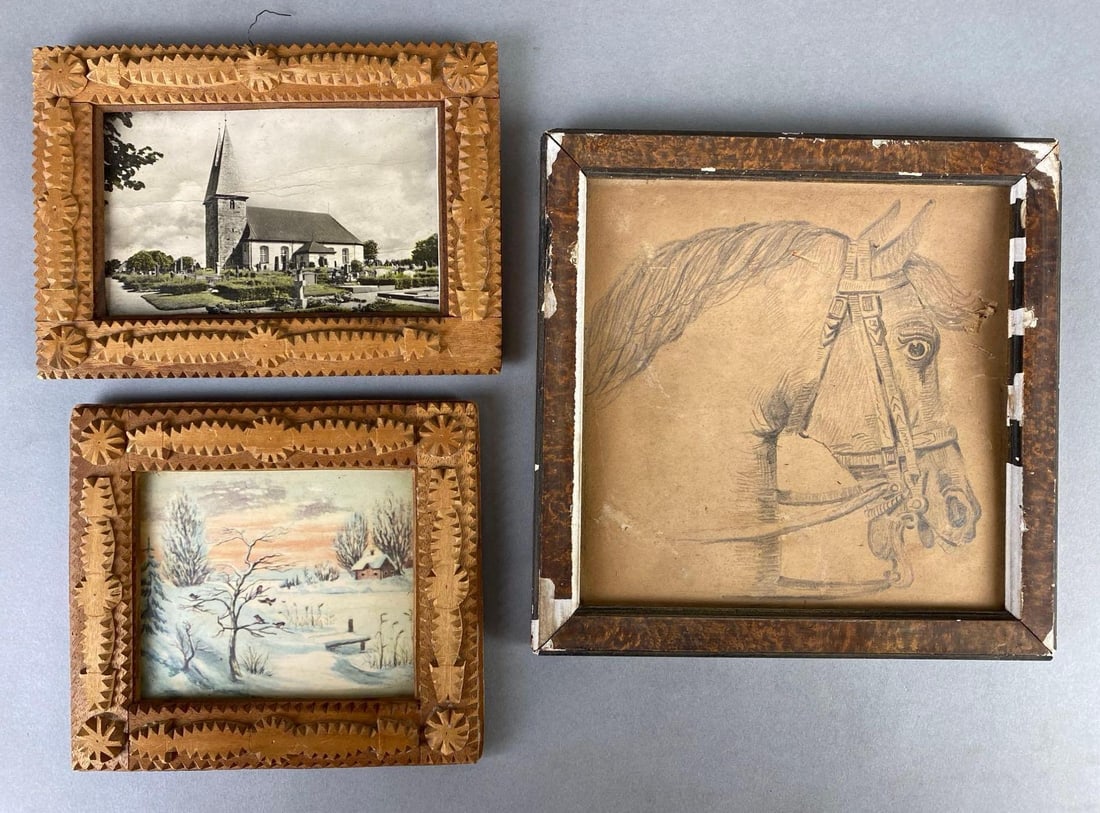 Group of 3 Art Items with Trap Art Frames: Includes carousel horse drawing, Colorized church photo, and winter scene card, Largest frame measures 7 3/4 x 7 3/4 inches.