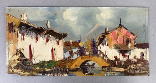 Artist Signed Mexican Village Acrylic Painting on Board