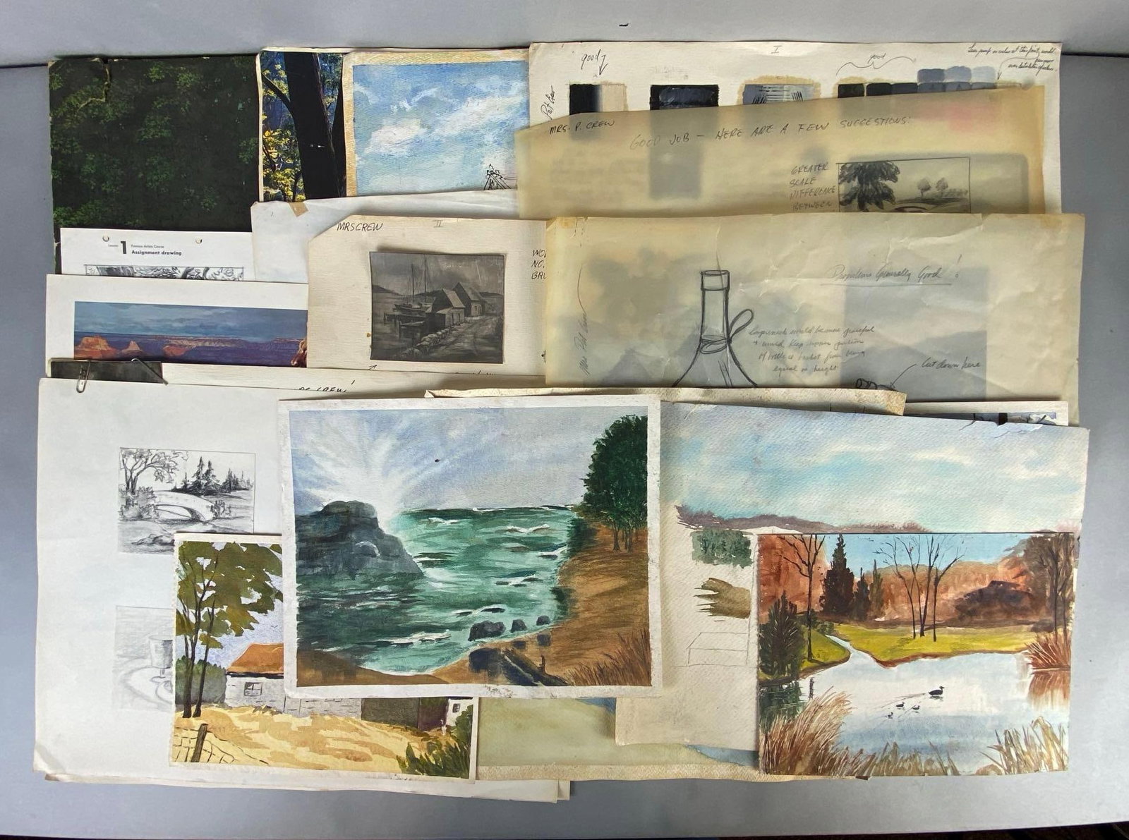 Group of Loose Art Portfolio Pages and More: Majority from one artists portfolio, Includes lithographs, landscapes, sketch, watercolor, and more, Largest measures 17 x 20 inches.