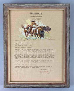 1977 Typed Response from Paul Abram Jr.: With a painting on top. Frame measures 12 1/4 x 9 3/4 x 1 inches