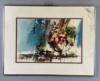 Artist Signed Colorful Abstract Park Watercolor Painting on Paper