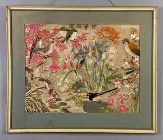 Intricate Embroidered Japanese Bird Scene Panel