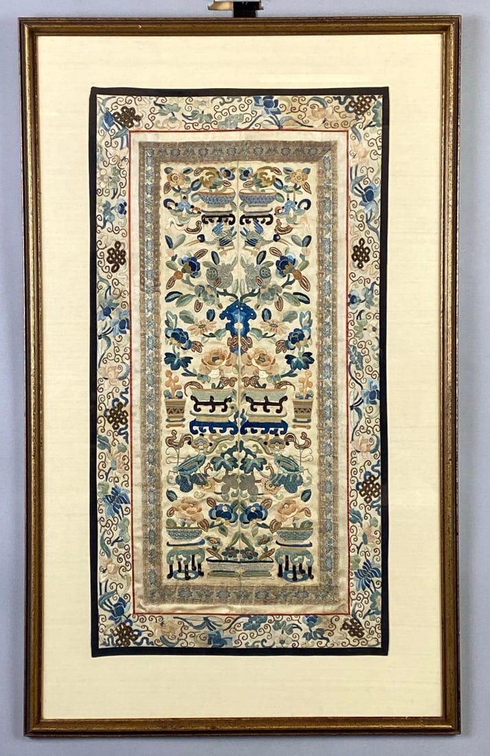 Chinese Silk Embroidered Panel with Bird and Jardiniere Motif (1 of 4)