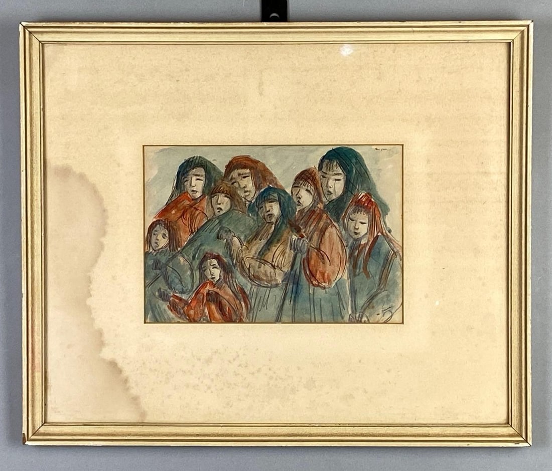 M. Dorma Women Generations Watercolor Painting on Paper: Artists signature on bottom right corner, Moisture damage on left side of matting, Watercolor with pen outline, Frame measures 16 x 19 1/2 inches, Watercolor measures 7 1/2 x 10 inches.