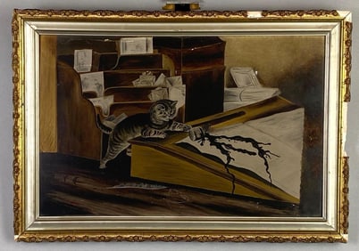 Folk Art Mischievous Kitty Oil Painting on Board