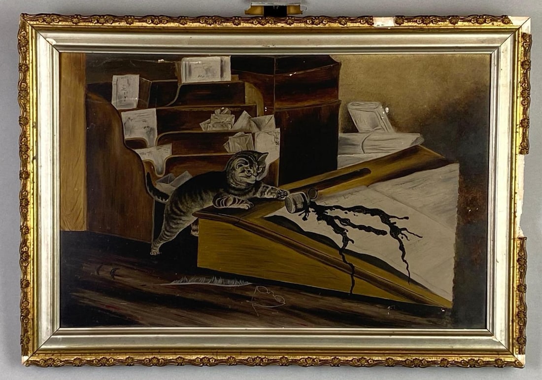 Folk Art Mischievous Kitty Oil Painting on Board: Unsigned, Some scratches on board, Frame measures 14 1/2 x 21 inches, Board measures 12 x 19 inches.