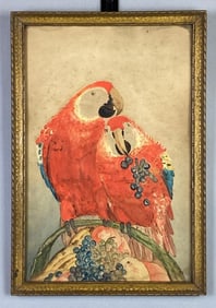 Macaw Parrots Eating Fruit Watercolor Painting on Paper