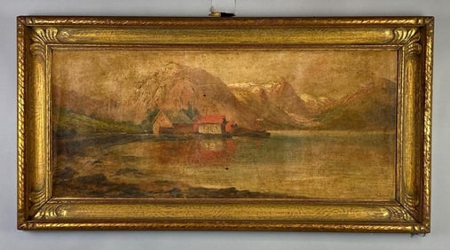 Artist Sognes Tranquil Mountainside Lake Scene Oil Painting on Cut Canvas