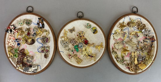 Group of Assorted Costume Jewelry Pins on Display Boards