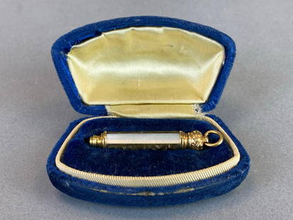 Gold Filed Mother of Pearl Telescoping Mechanical Pencil: with original case, measures 3 1/4 inches in length while extended