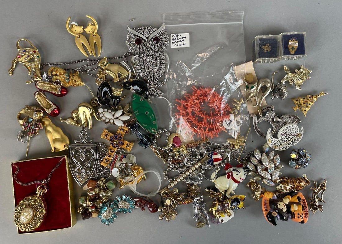 Group of Cat Costume Jewelry and More: Includes earrings, coral, necklaces, owl pendant measures 3 3/4 x 2 inches