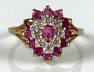 10K Gold Ruby and Diamond Cluster Ring