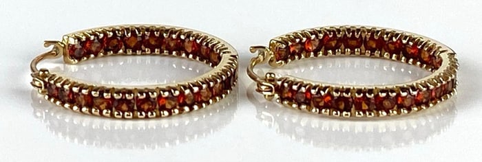 Pair of 10K Gold Garnet Hoop Earrings