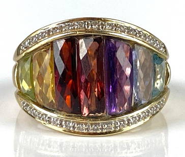 14K Gold Multi-Gemstone Rainbow Ring: Total weight 6.8g, Size 7, With Diamond accent, Includes garnet, aquamarine, amethyst, and more.