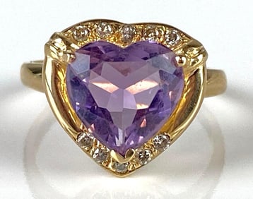 14K Gold Amethyst and Diamond Heart Ring