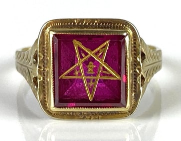 14K Gold Ruby Order of the Eastern Star Fraternal Ring