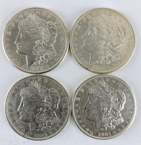 Group of 4 1921 US $1 Morgan Silver Dollars