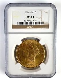 NGC Graded 1904-S $20 US Liberty Head Gold Coin MS63