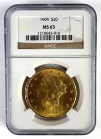 NGC Graded 1904 $20 US Liberty Head Gold Coin MS63