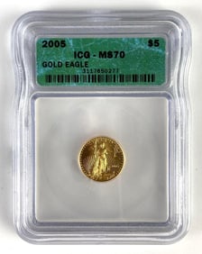 ICG Graded 2005 US $5 Gold Eagle 1/10oz .999 Fine Gold Coin MS70