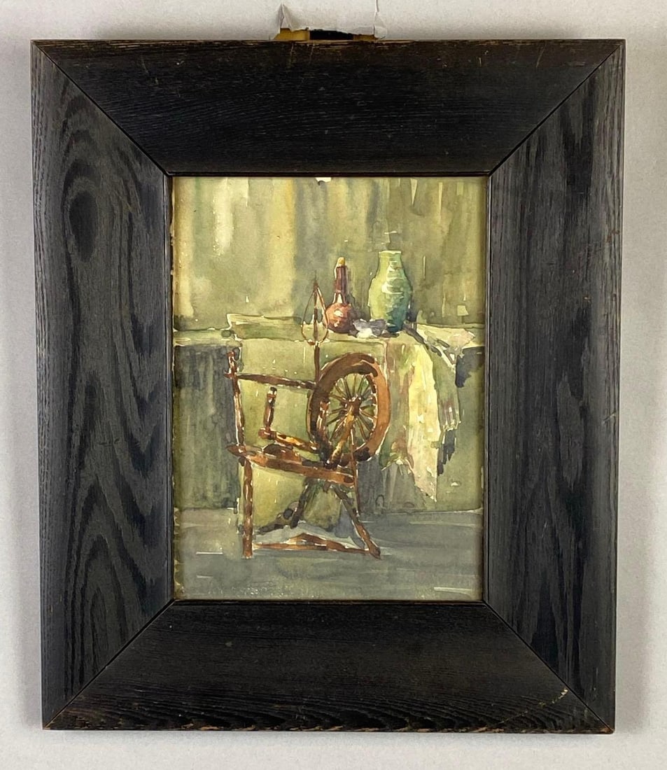 L. Van Patton The Spinning Wheel Watercolor Painting on Paper: Artists signature on bottom left corner, Frame measures 15 3/4 x 13 1/4 inches, Watercolor measures 10 x 8 inches.