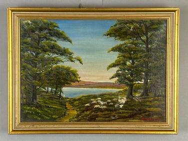 1943 Arthur Lee Flock Gazing by the Lake Oil Painting on Canvas