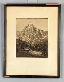 Artist Signed Mountainside Cabin Etching on Paper