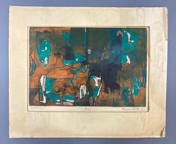 1970 Suzanne S. Landscape Proof Abstract Colorized Engraving on Paper