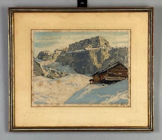 Hans Figura Winter Mountain Cabin Colorized Etching on Paper