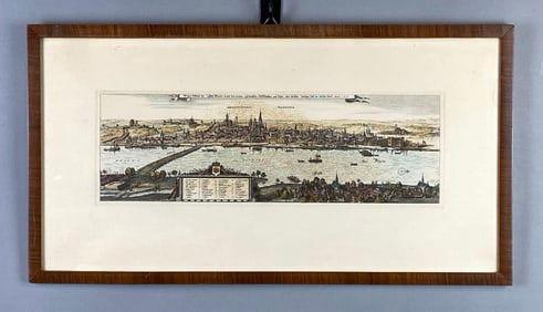 1633 German Town of Mainz Map Colorized Etching on Paper