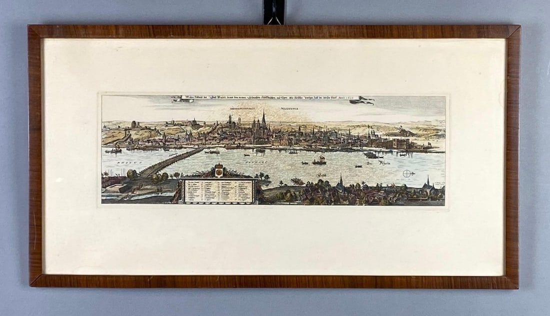 1633 German Town of Mainz Map Colorized Etching on Paper: Frame measures 12 1/2 x 23 inches, Etching measures 11 1/2 x 22 inches.