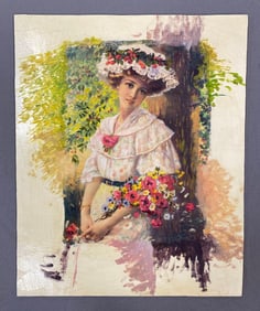 Victorian Woman Hand-Embellished Lithograph on Board