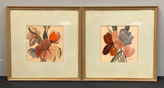 Group of 2 Georges Le Lue Blossoming Flower Watercolor Paintings on Paper
