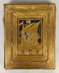 Arts and Crafts Wood Cover Art Portfolio/Scrapbook Book with Ship Motif