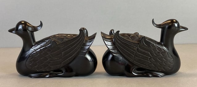 Rare Pair of 19th Century Chinese Carved Red Amber Mandarin Ducks Qing