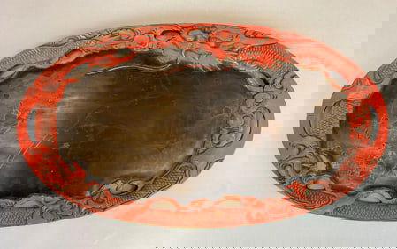 Chinese Red Cinnabar Dragon Wood Serving Tray