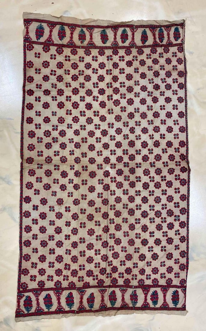 Antique Hand Embroidered Tomato Table Cloth (1 of 4)