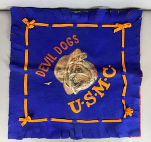 Vintage Felt Devil Dog USMC Pillow Case and Pin