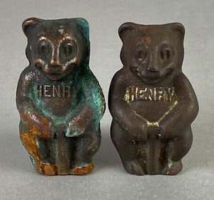 Group of 2 Antique Cast Iron Henry the Bear Foundry Sample Paperweights