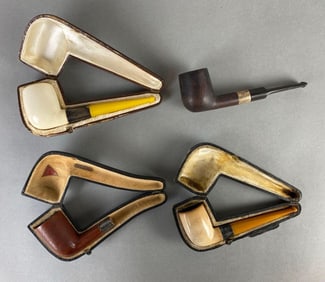 Group of 4 Antique Tobacco Pipes with Sterling Silver Bands