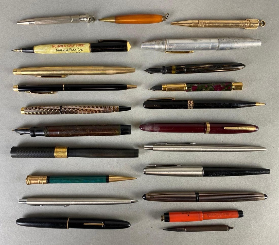 Group of Vintage Pens and Pencils: Includes Sheafers, Parker, Wahl, and more, Includes ballpoint and fountain pens, Some with broken pieces, Longest measures 5 1/2 inches long.