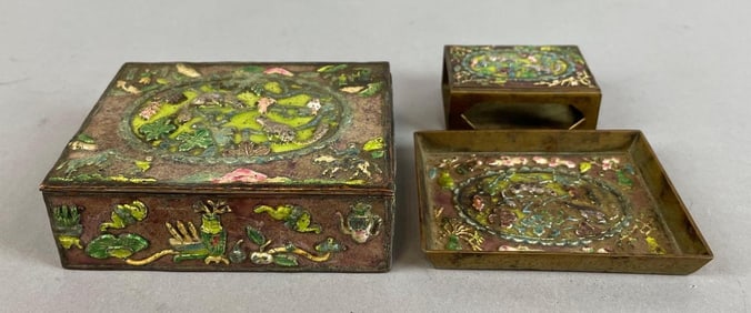 Group of Chinese Hand Enameled Brass Trinket Items