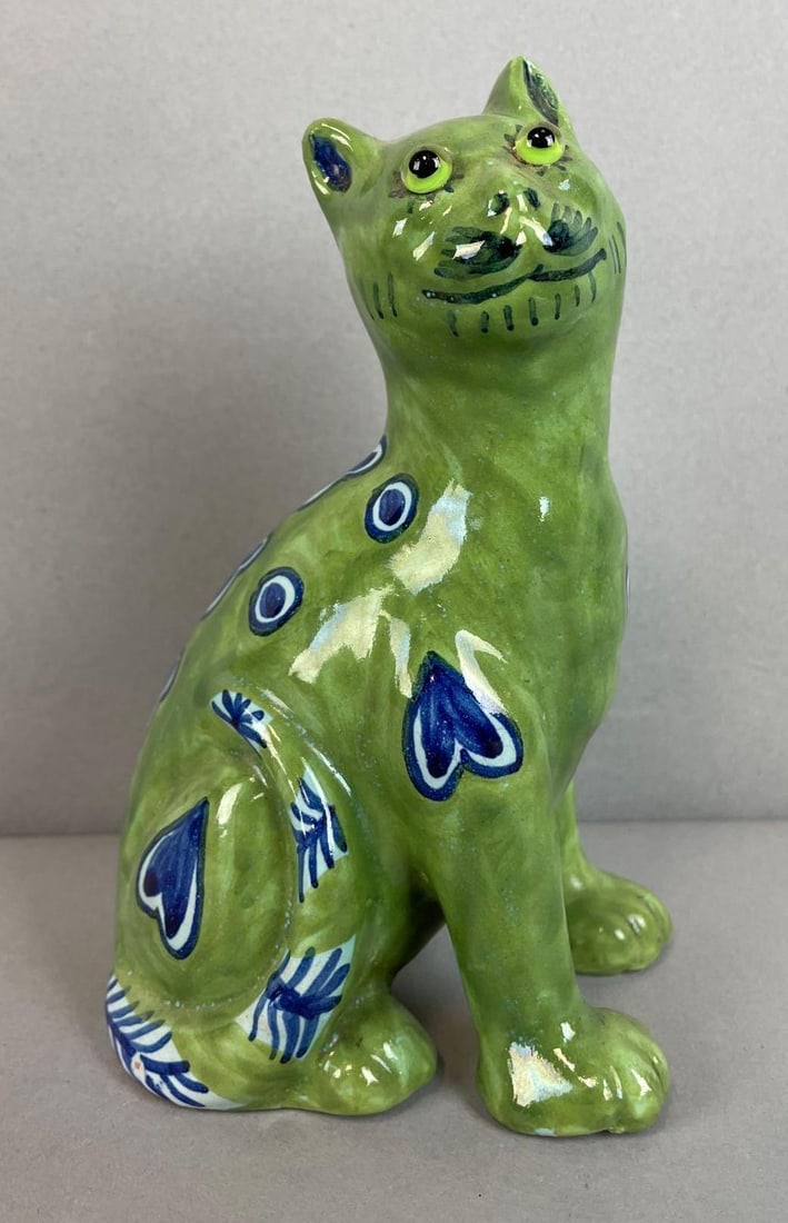 Galle Style Pottery Cat Figurine: Signed inside base. Glass eyes. Measures 6 inches tall
