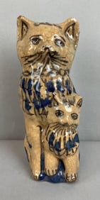 Antique Pottery Cat with Kitten Figurine