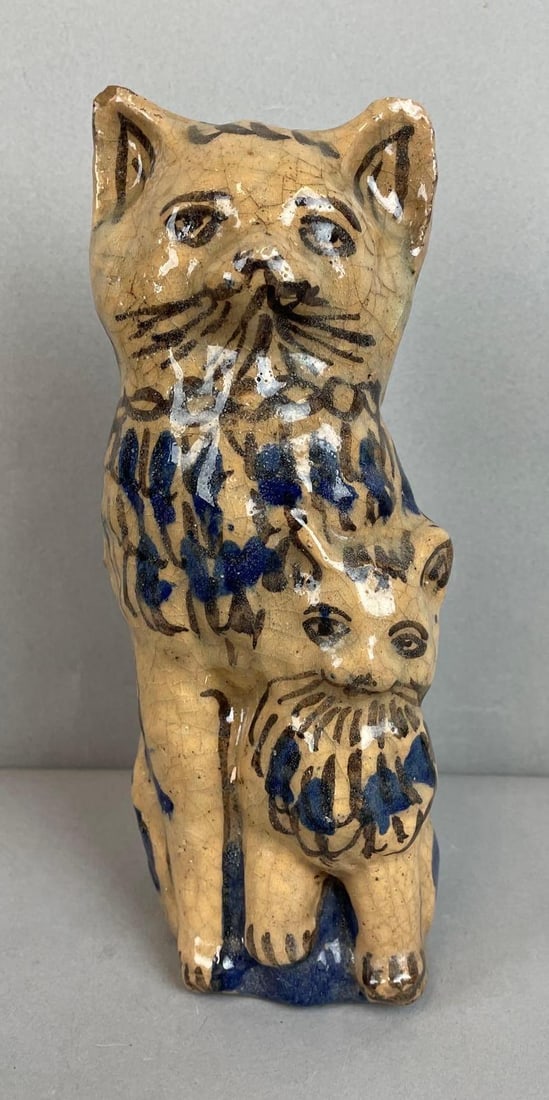 Antique Pottery Cat with Kitten Figurine: Some crazing, flea bite on ear. Measures 8 1/2 inches tall
