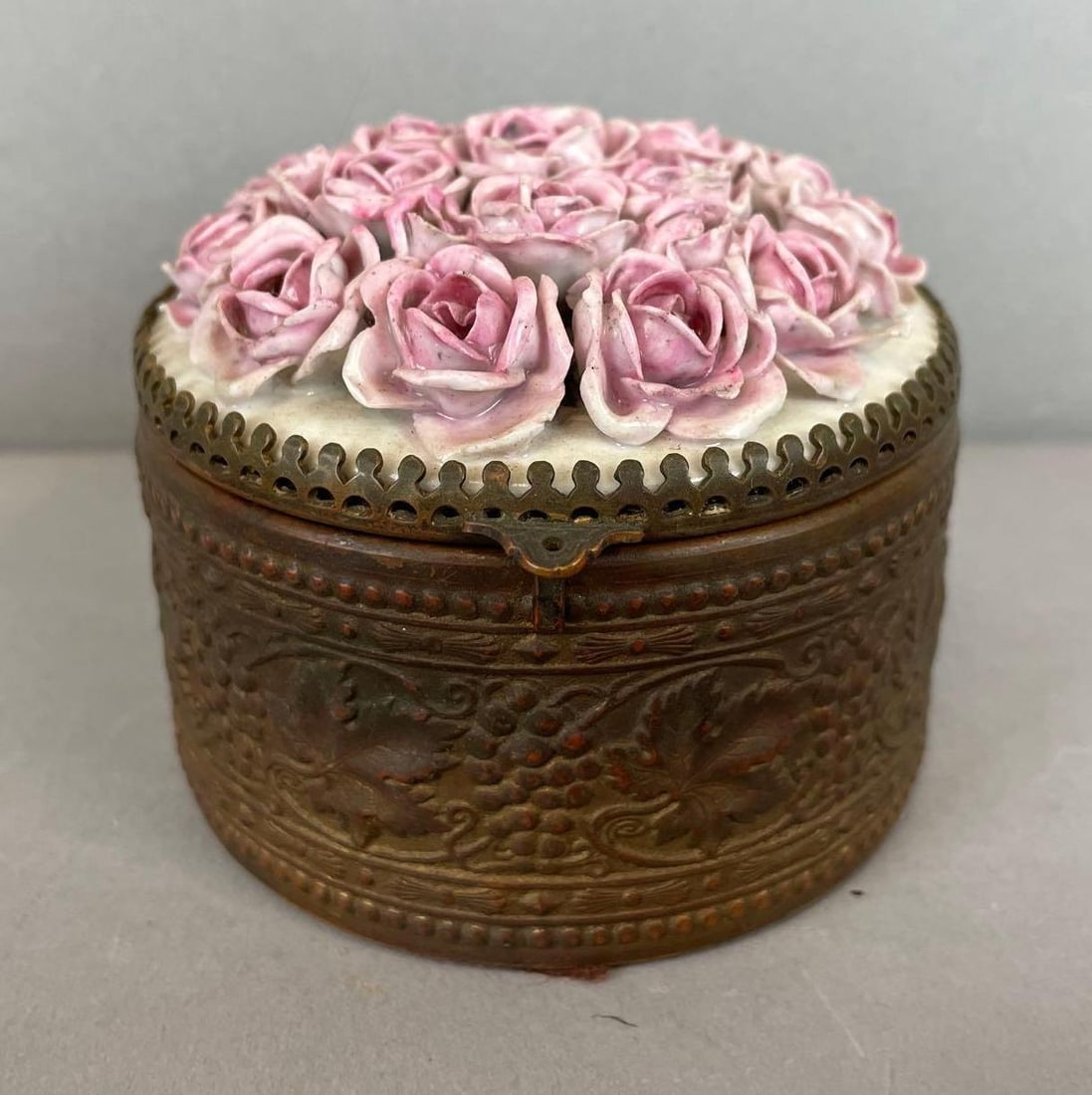 Antique Bronze Trinket Box with Porcelain Roses Lid: Measures 2 3/4 x 3 1/4 inches