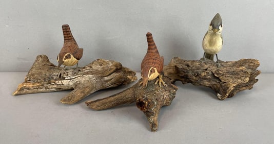 Group of 3 Carved Wood Birds on Driftwood