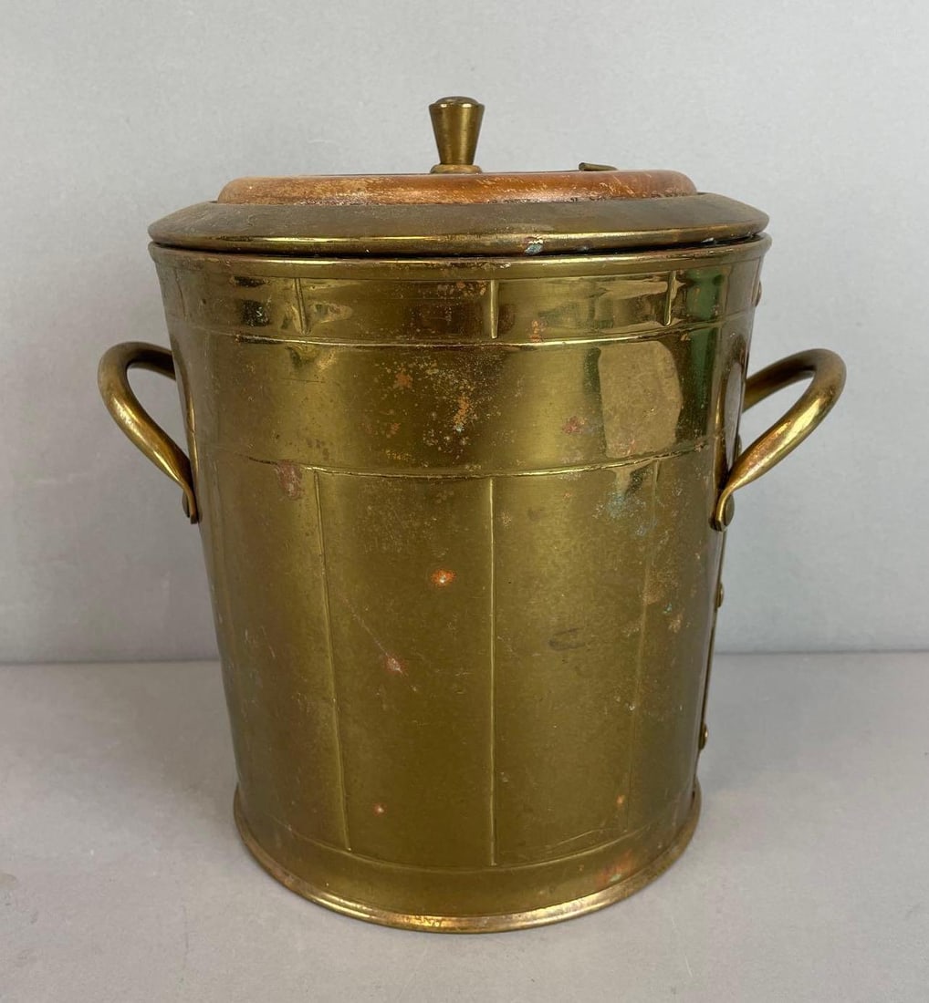 Vintage Everlast Solid Brass Ice Bucket with Lid: Pyrex glass liner, measures 9 1/2 x 9 1/2 x 7 3/4 inches