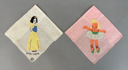 Group of 2 Vintage Appliqué Handkerchiefs with Disneys Snow White